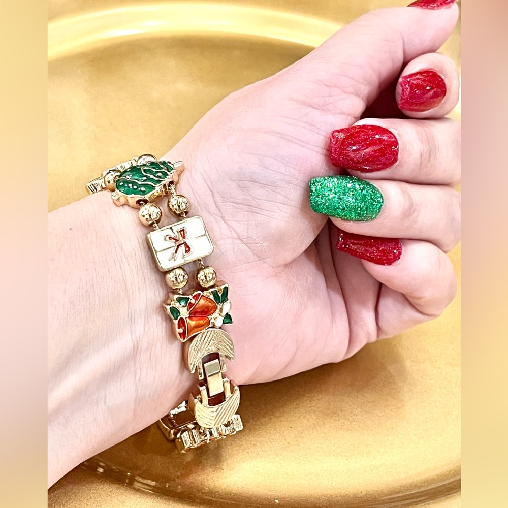 Vintage Holiday Charm Slide Bracelet Gold and Multicolor Charm Bracelet